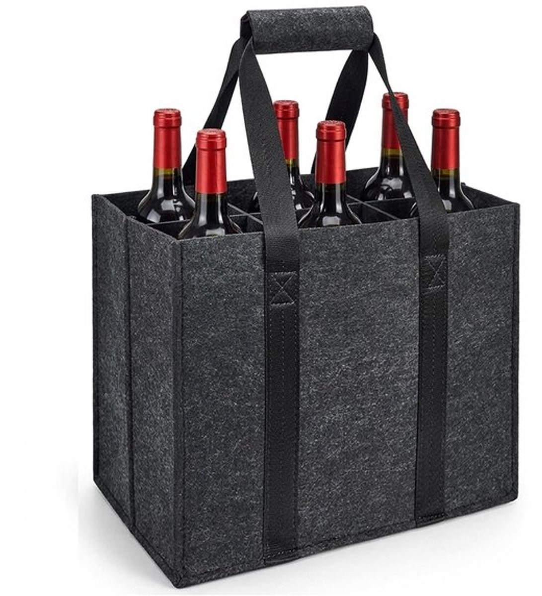 Flessentas voor 6 flessen - Opvouwbare flessendrager - Dikke viltstof - Lichtgewicht en duurzaam - 27 x 18 x 27 cm - Beschermt flessen tegen beschadigingen - Drankentas