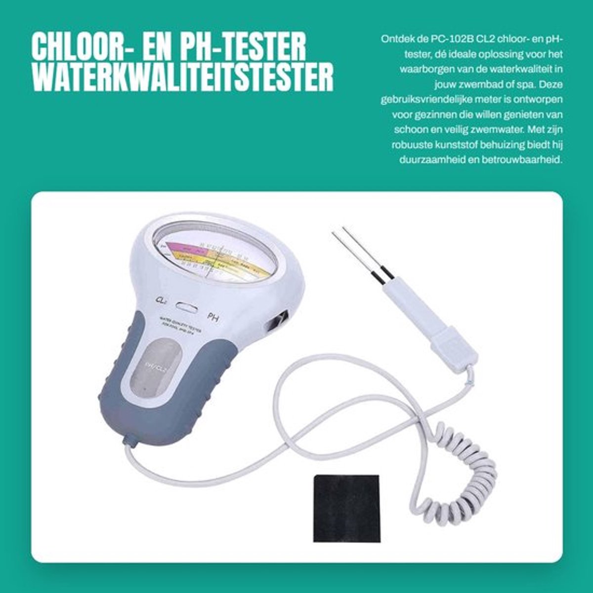 Waterkwaliteitstester - Chloor/pH-tester - Geschikt voor gezinszwembad/spa - Duurzaam kunststof - Eenvoudige bediening - Groot scherm voor duidelijke aflezing - Zwembadtester