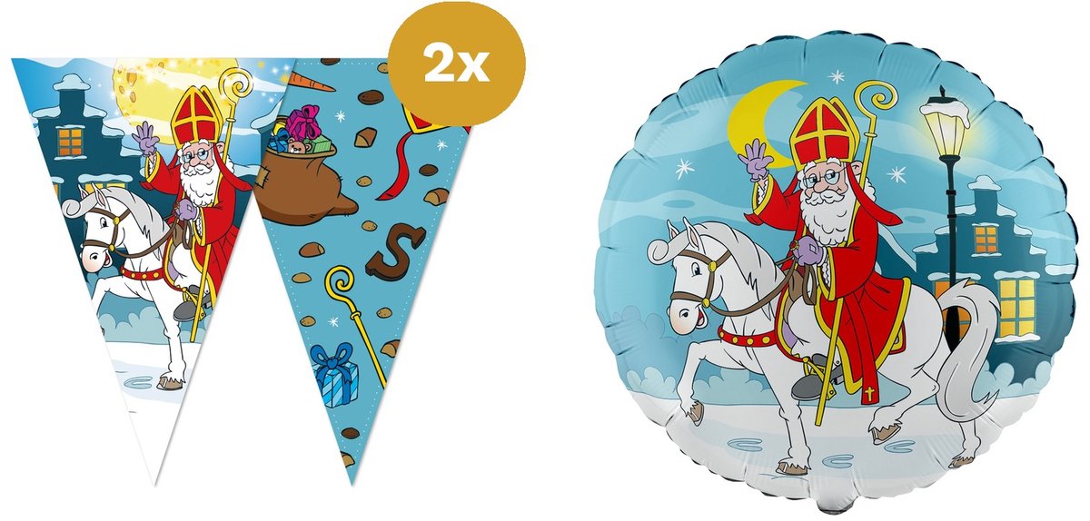 Sinterklaas Versiering Ballonpakket Klein - 2x Vlaggenlijn 10m & Folieballon 18" - Decoratie voor Raam & Balkon