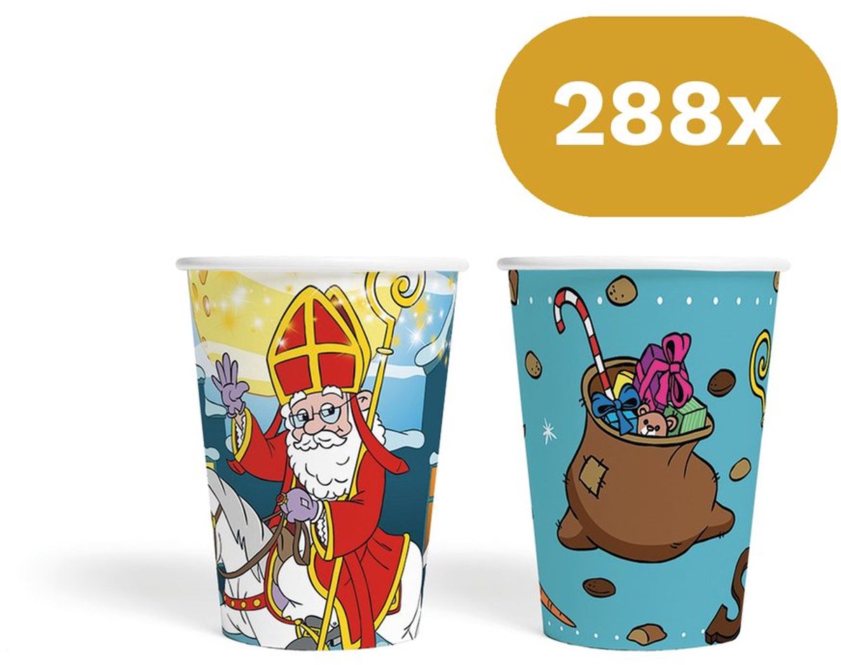 288x Sinterklaas Bekertjes 210ml FSC - Papieren Bekers Sint & Cadeauzak - Pakjesavond Tafelservies