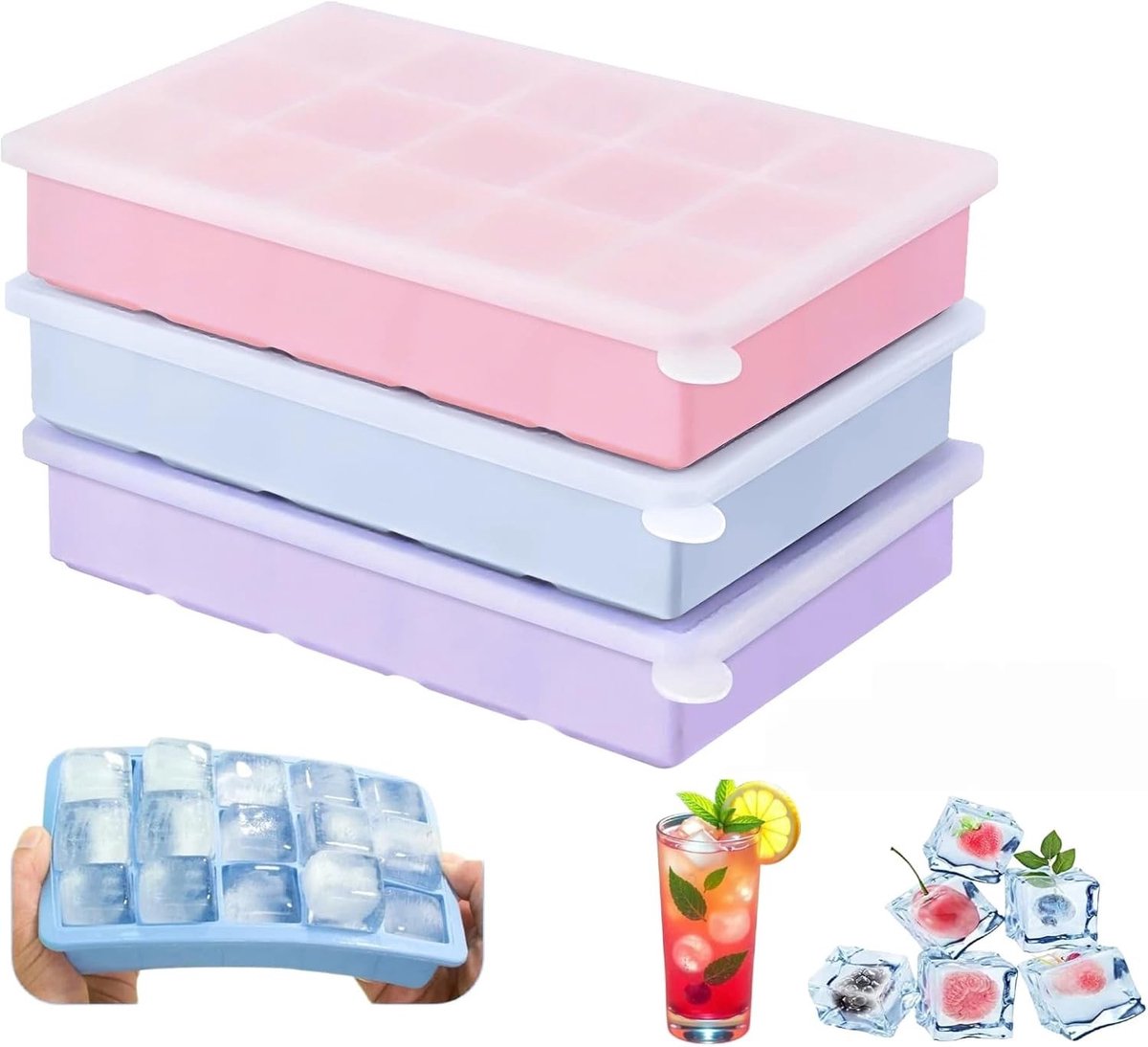 IJsblokjesmachine voor crushed ice - Blauw, Roze & Paars - Siliconen IJsblokjesvorm met Deksel - Herbruikbaar en Vaatwasmachinebestendig