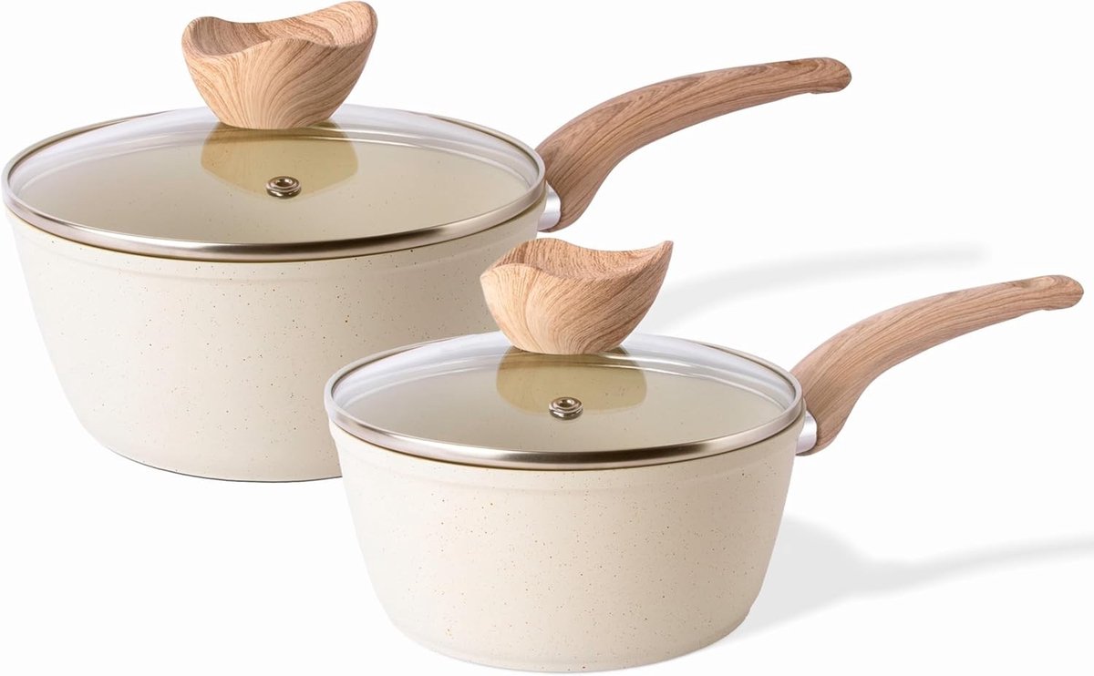 Inductie pannenset - Crème - 16 cm & 18 cm - Granieten antiaanbak steelpannen met deksel - Voor dagelijks gebruik