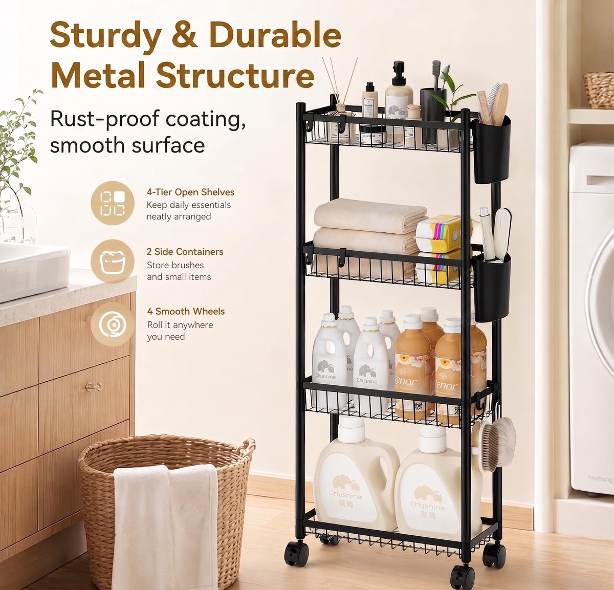 Opbergwagen op wielen - 4-laags metaal - smal ontwerp - ideaal voor keuken - ShopVlot