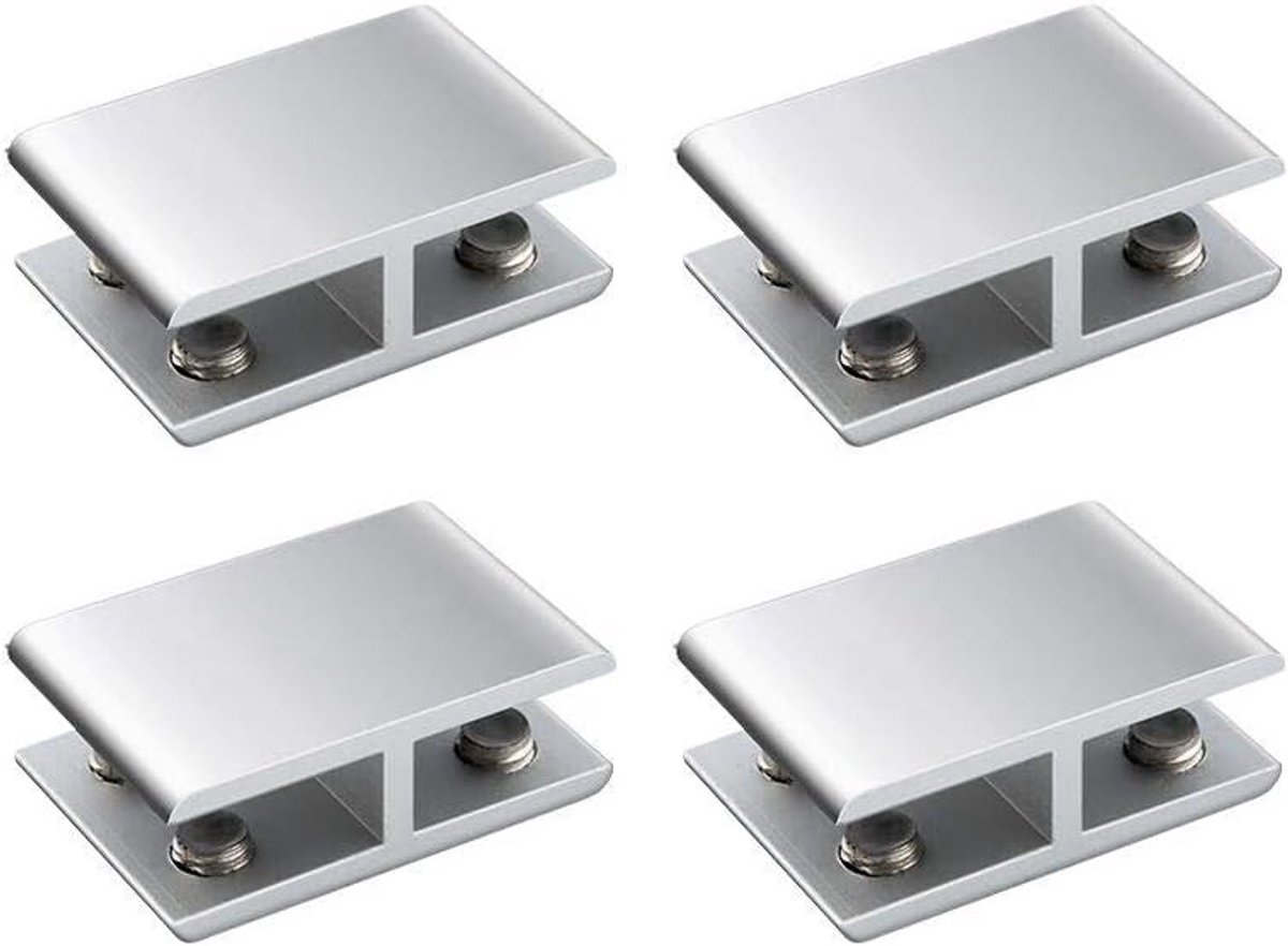 Set van 4 Dubbelzijdige Glasklemmen van Aluminium voor Glasplanken, Verstelbare Klemmen voor 10-12 mm Dikke Glasplaten, Ideaal voor Wandmontage en Interieurdecoratie