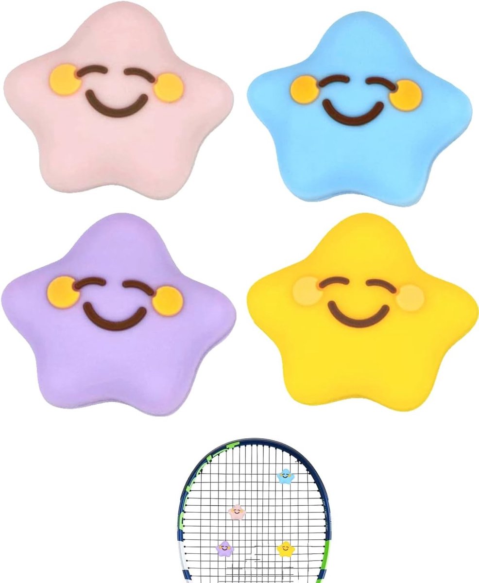 Set van 4 Siliconen Tennisdampers in Kleurrijke Sterren voor Vibratieabsorptie, Speelcomfort en Armbescherming