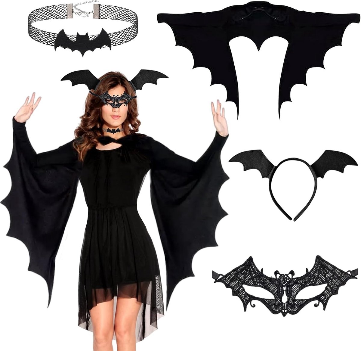 Vrouwelijk vleermuis kostuum voor Halloween met vleugels, masker, hoofdband en enge ketting voor carnaval en themafeesten