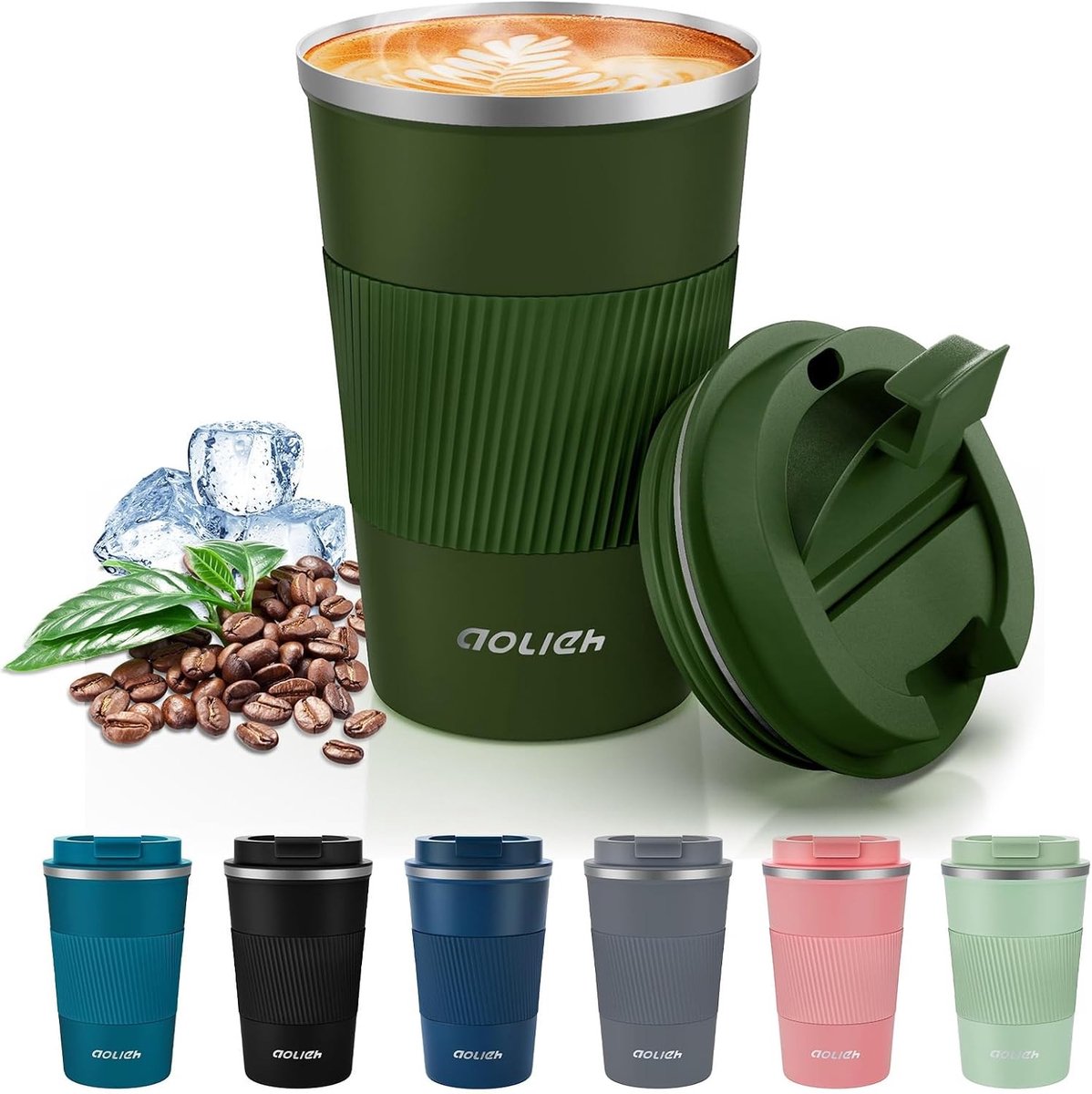 Reismok - Groen - Legergroen - Geïsoleerde Roestvrijstalen Thermobeker met Deksel - Voor Koffie en Thee