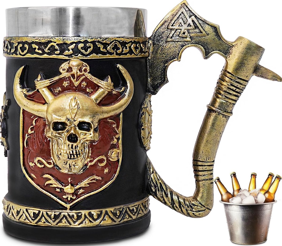 Viking Bijl Tankard - Skelet Beer Mok, RVS Koffiekop, Middeleeuws Vintage Bierpul, Themaparty Decoratie, Persoonlijke Cadeaus voor Mannen en Vader, 600ml