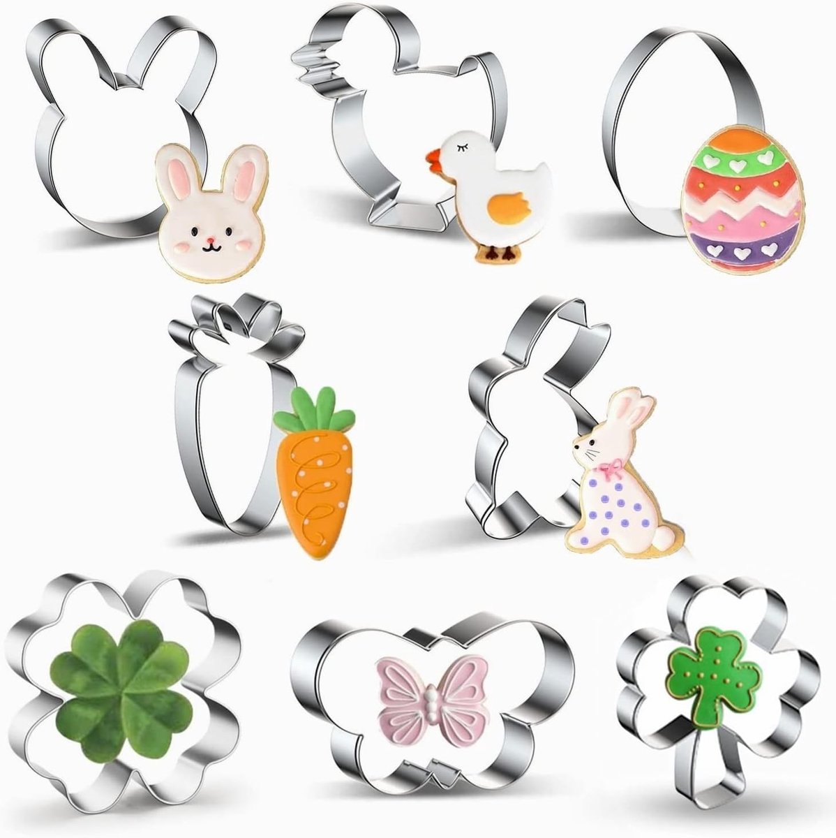 Set van 8 Pasen Koekjesuitsteekvormen van RVS - Bunny, Wortel, Vlinder, Ei en Kippetje voor Bakplezier