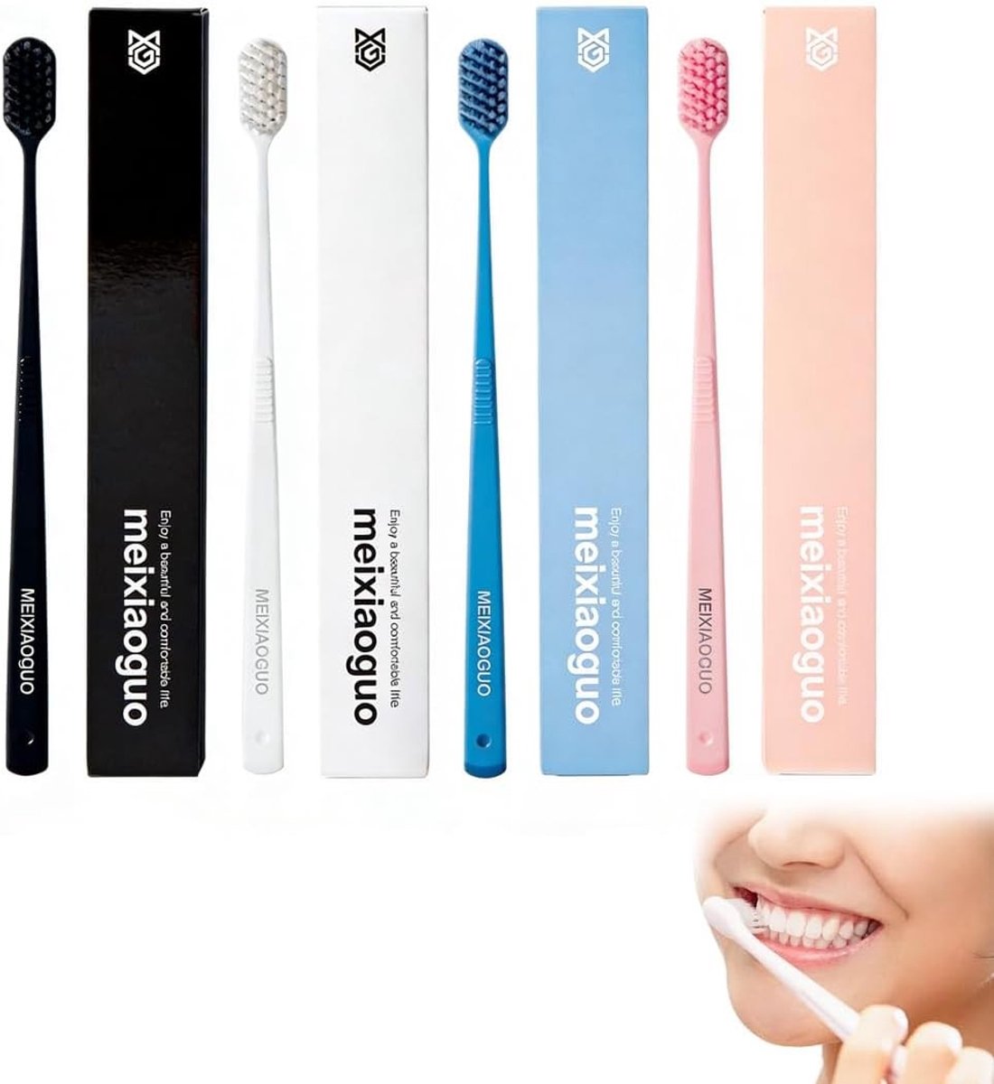 Familiepakket van 4 Handmatige Tandenborstels met Zachte en Dichte Haren voor Effectieve Mondhygiëne voor Volwassenen en Kinderen in Diverse Kleuren