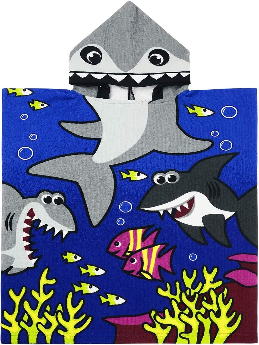 Schattige Cartoon Badponcho voor Kinderen, Zacht en Sterk Absorberend, Ideaal voor Strand en Bad (Blauwe Haai)