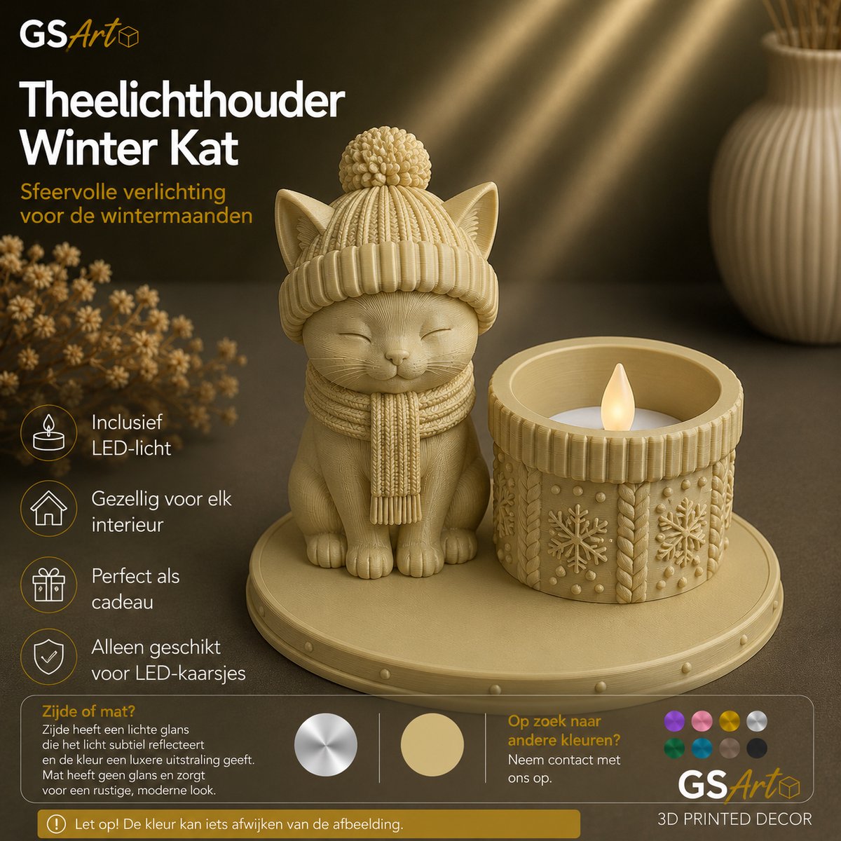 GSArt Theelichthouder Winter Kat – Inclusief LED-kaarsje - Mat Woestijnbeige