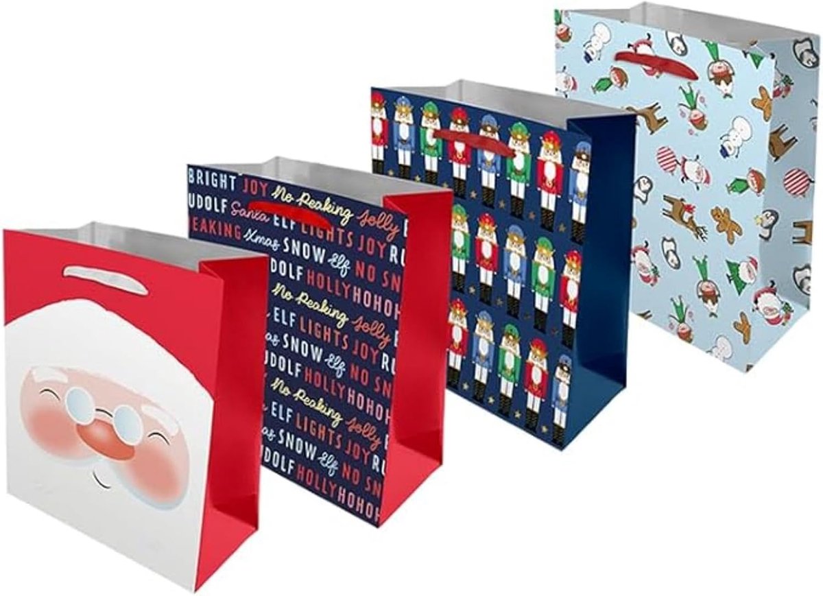 4 stuks middelgrote schattige geschenkzakjes met lintgrepen - 25,2 x 10,1 x 21 cm kerstthema zakjes met bijpassende - ShopVlot