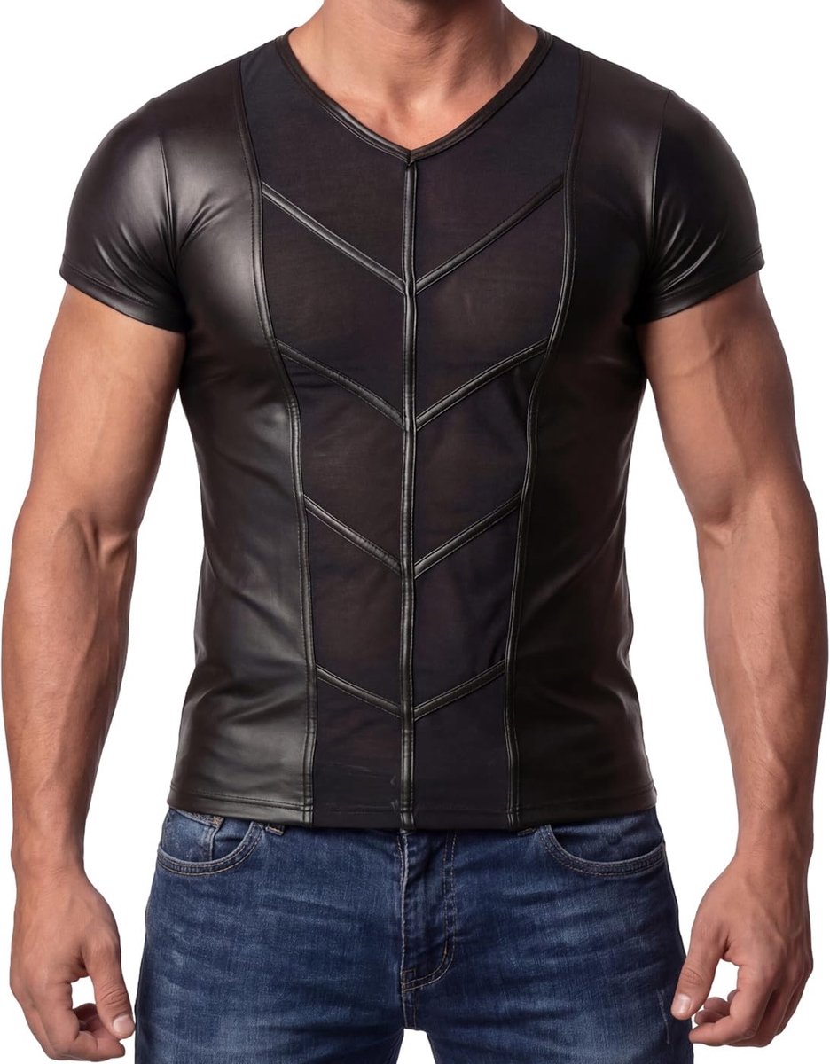 Latex-achtig wetlook herenshirt met mesh-inzetstukken, Mesh 02, XXL - ShopVlot