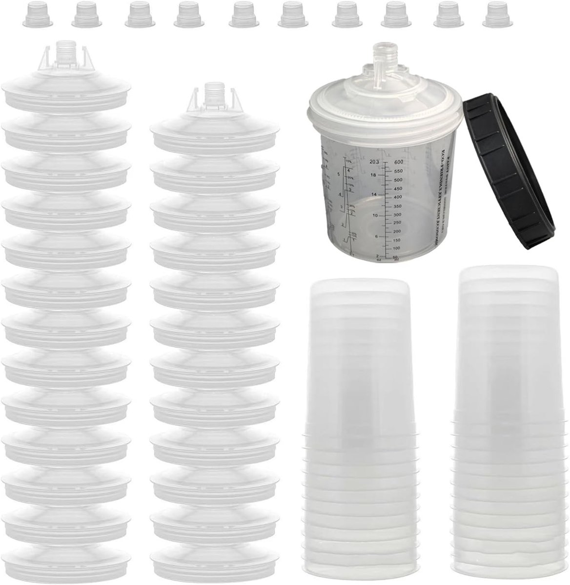 Set van Wegwerpverf Mengbekers met Deksel, Filters, Bekers, Stoppen en Adapters voor Verfprojecten - 600 ml Capaciteit, Perfect voor Schilderen en DIY Klussen