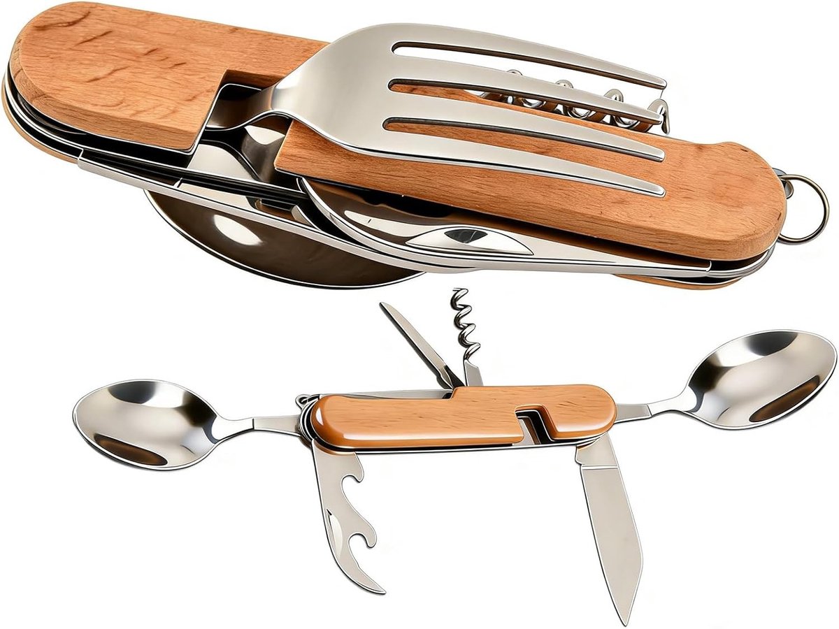 Multifunctionele 5-in-1 Opvouwbare Bestekset voor Kamperen, Hiking en Survival met RVS Lepel, Vork, Mes en Blikopener
