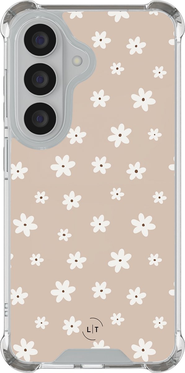 Shockproof hoesje - Geschikt voor Samsung Galaxy S26 - Cute flowers - Extra sterke case - TPU/polycarbonaat - Bloemen - Beige, Transparant