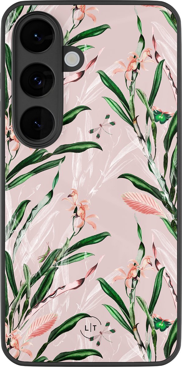 Hoesje geschikt voor Samsung Galaxy S26 - Pink botanical - Luxe Glazen Hardcase - Planten - Multi