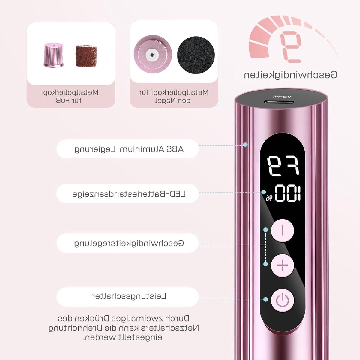 Elektrische Eeltverwijderaar - Voetverzorging Apparaat - Huid Herstellen - 9 Snelheden LCD - 18 x 8 x 3 cm - Roségoud