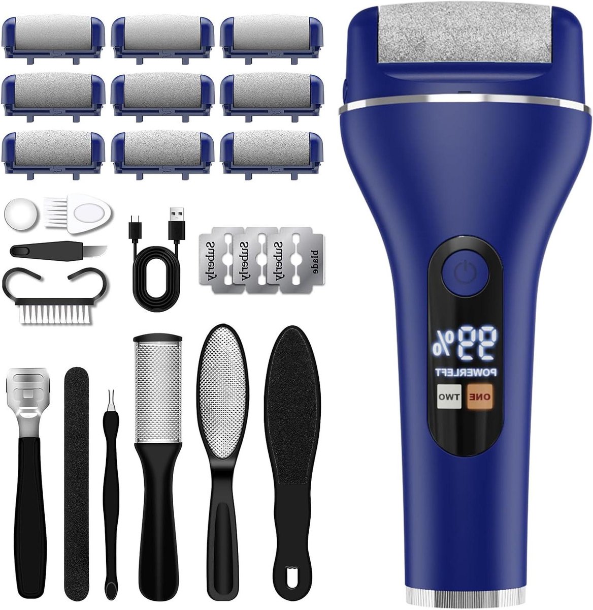 Elektrische Eeltverwijderaar - Voetvijl Apparaat - Voetverzorging Thuis - 2 Snelheden Instelbaar - 3 Opzetkoppen - Blauw