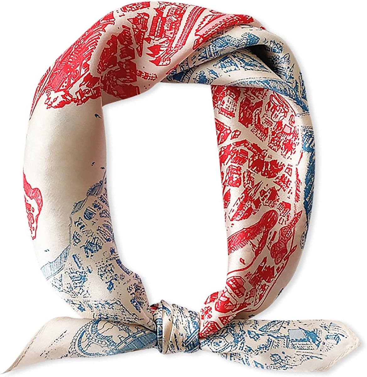 Zijde Sjaal voor Vrouwen | Vierkante Retro Kunstzijden Sjaal | Lichtgewicht Decoratieve Neckerchief en Haarband in Blauw met Stadsprint