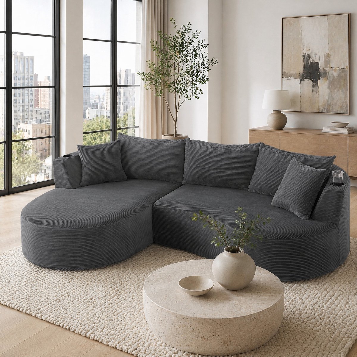 Wishdor Hoekbank links - 3-zits bank met bogenvorm, cordstof, bekerhouders en kussens - Grijs - 264 x 168 x 76 cm - Voor woonkamer, hotel, appartement en kantoor