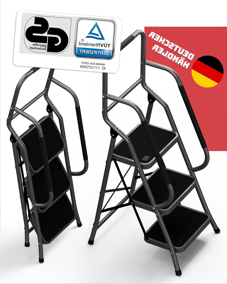 Veiligheidsladder 3 treden - Vouwladder opvouwbaar - Veilig klussen thuis - TÜV Rheinland gecertificeerd - Tot 150 kg - Antraciet