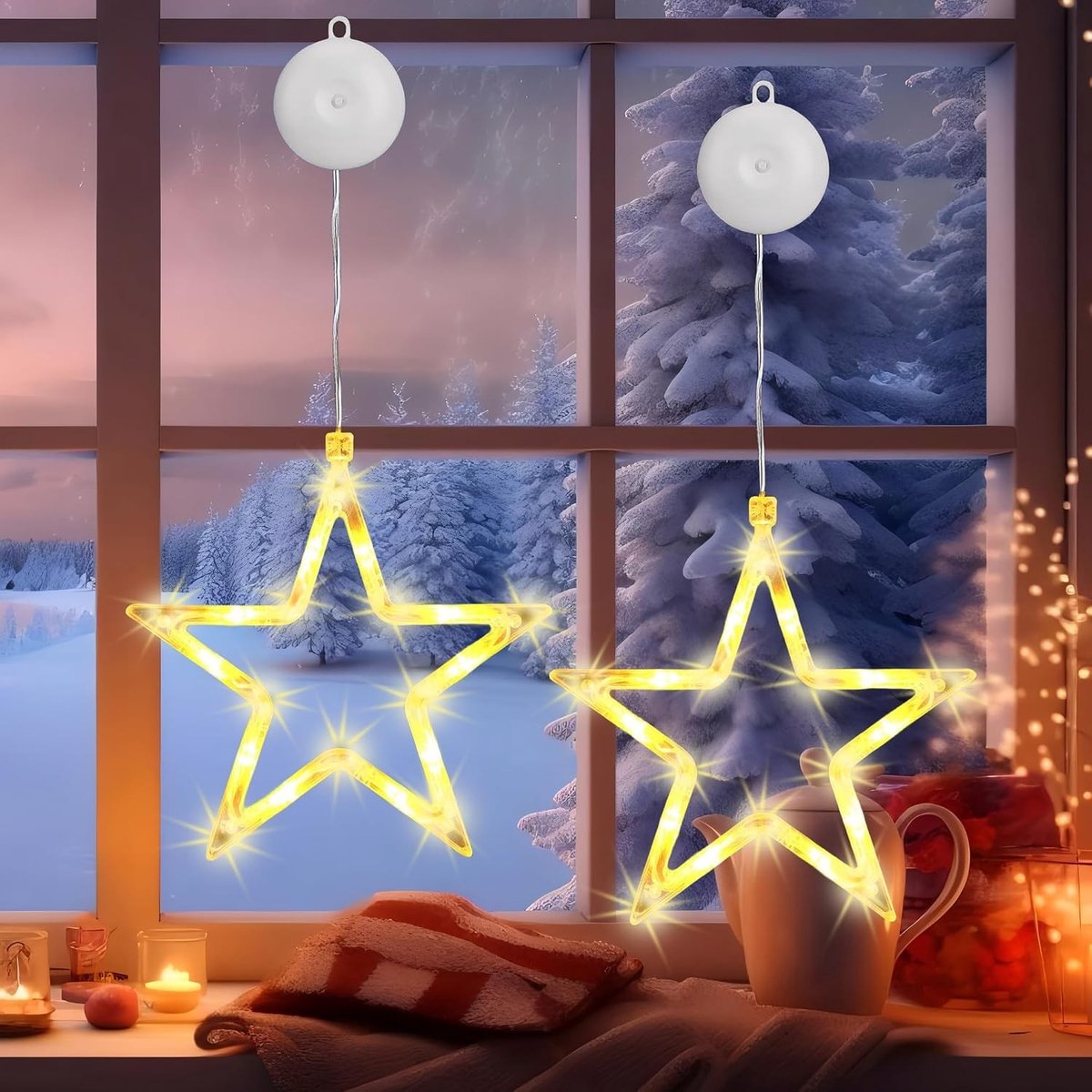 Led Sterren Kerstverlichting - Wit - Werkt op Batterijen - Met Timer en Zuignappen - Voor Binnengebruik