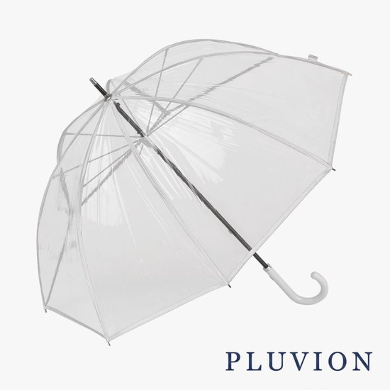 Parapluie dôme transparent Pluvion avec mât et poignée gris.
