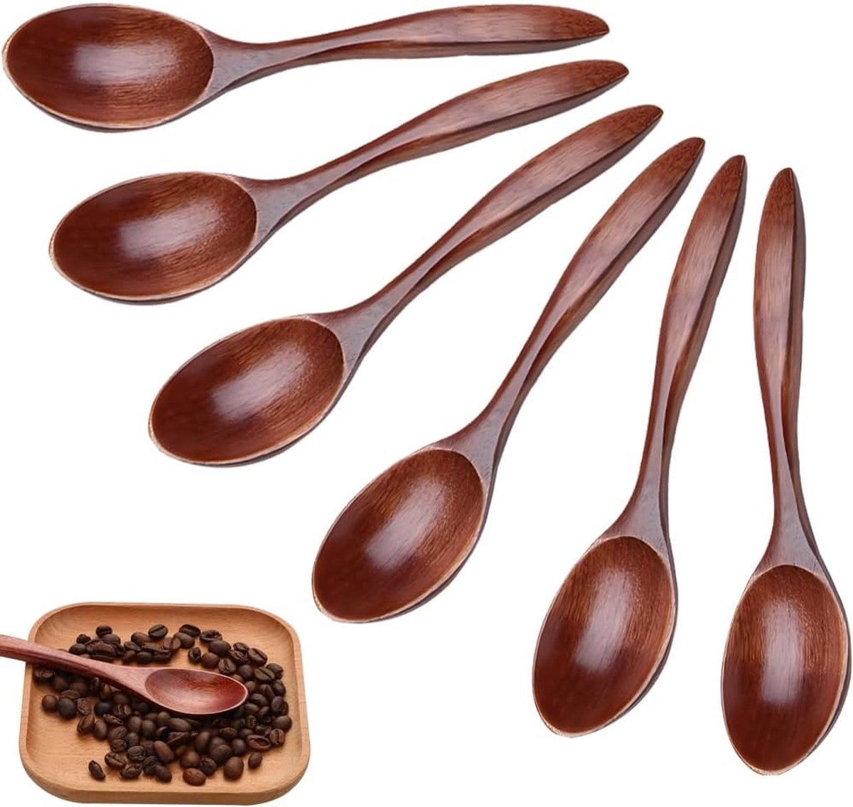 Set van 6 Houten Lepels voor Koken en Mixen - Ideaal voor Honing, Chocolade en Thee - Keukenaccessoires in Bruin