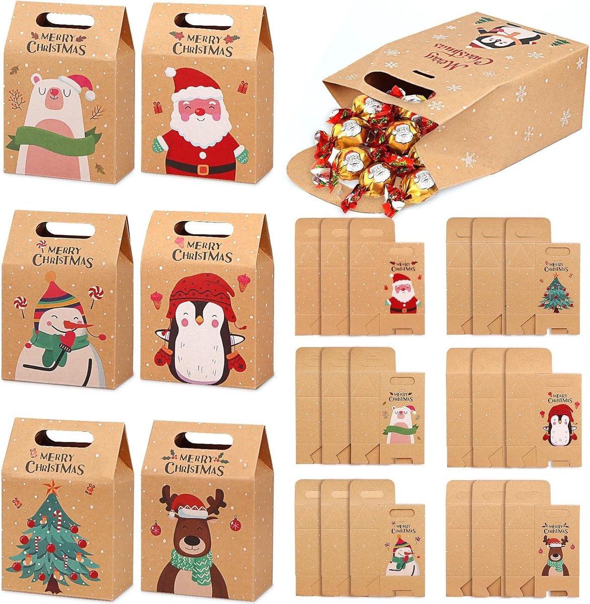 Kerstcadeauzakken Set van 24 Stuks, Kleine Papieren Tassen met Handvat, Perfect voor Snoep en Chocolade