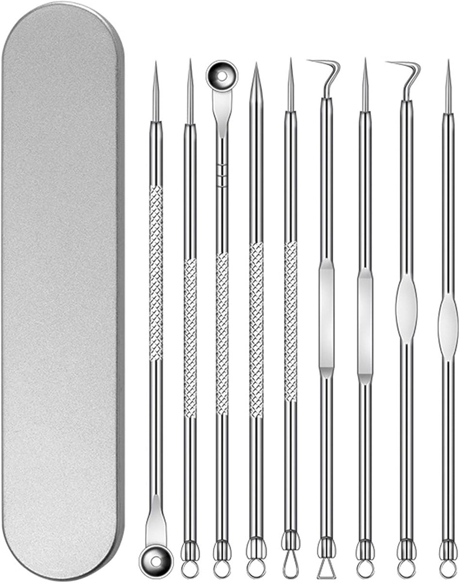 Set van 9 Comedone Extractors van RVS voor het Verwijderen van Mee-eters en Acne - Inclusief Professionele Pincet en Opbergdoos voor Alle Huidtypes