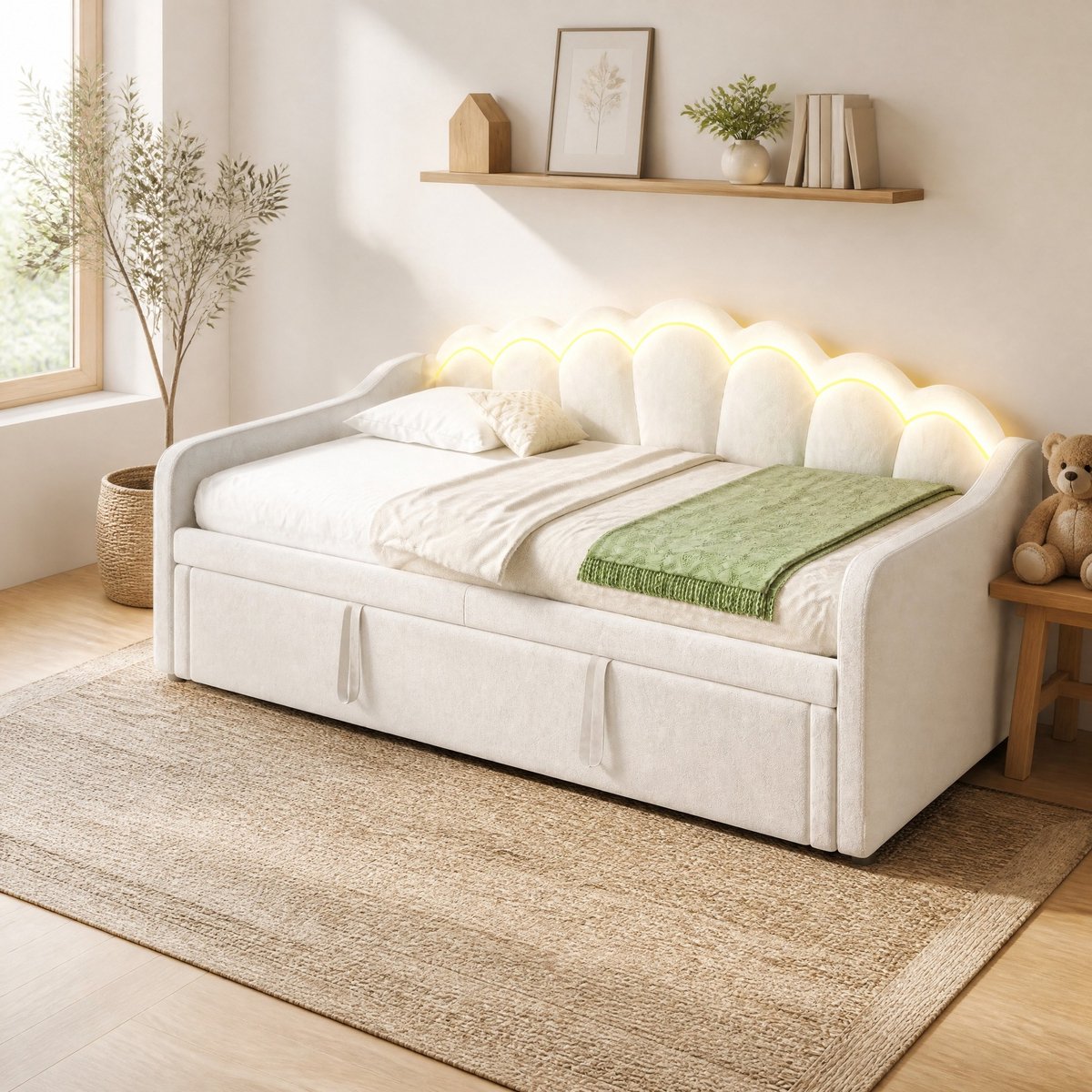 Wishdor Slaapbank 90x200 cm - Uitziehbaar bed met led verlichting - Fluweel en MDF - Beige - Met wave hoofdbord en lattenbodem