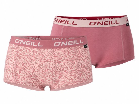 Twee O'Neill dames boxershorts: één met roze swirl zebra print, één effen roze. Beide met roze tailleband.