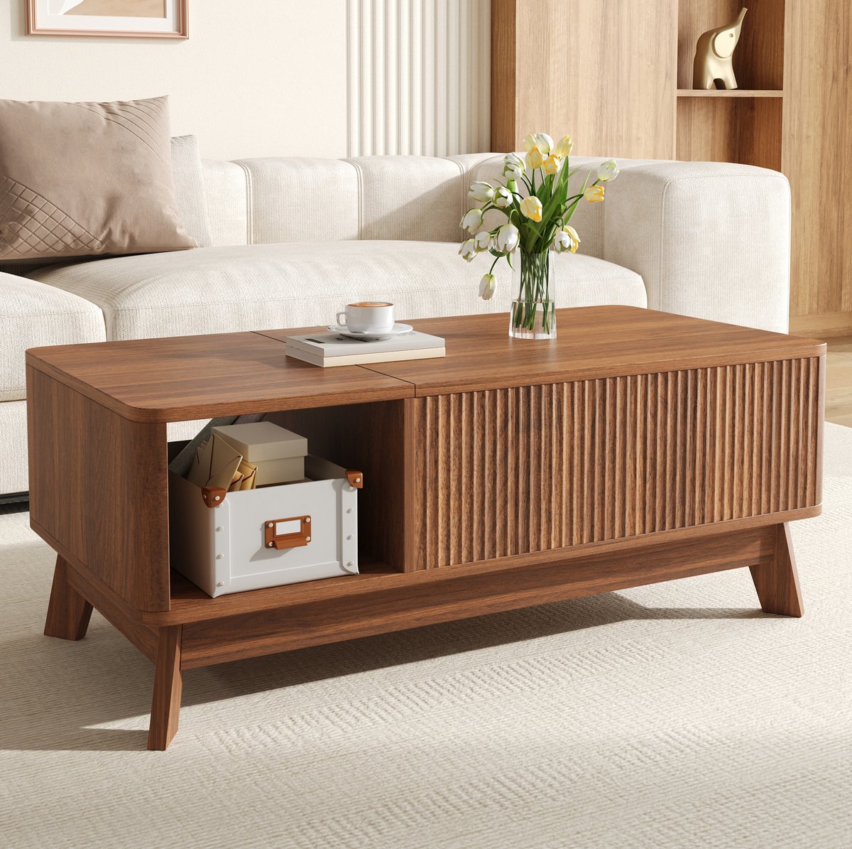 Wishdor Hoogteverstelbare salontafel - Modern design met golfstructuur - MDF - Walnoot - Opbergruimte en open vak - Voor woonkamer - 95 x 48 x 50 cm