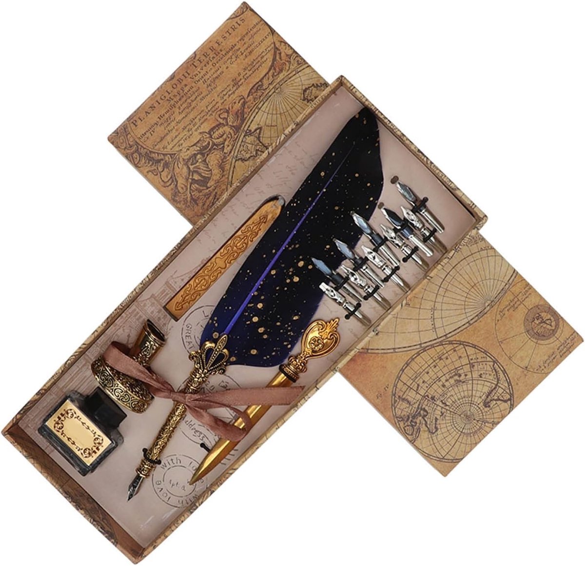 Vintage Veerpen Set met Dopen Inktpen, Briefopener, Vervangbare Nibs en Pennenstandaard voor Creatieve Schrijvers en Cadeaus