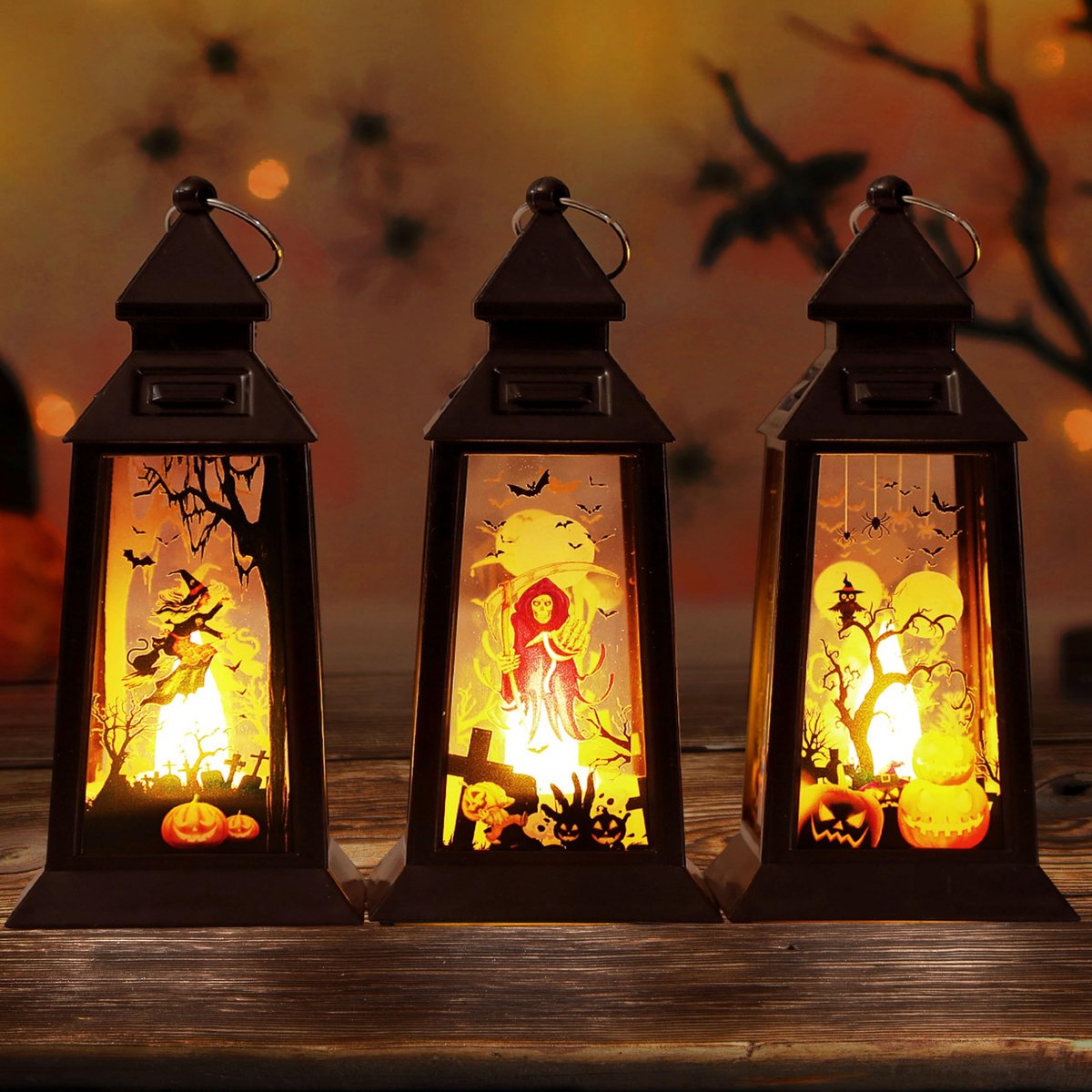 Halloween Pompoenlantaarn 3 Stuks - Zwart Kunststof - Vlamloze Led-technologie - Waterbestendig voor Binnen en Buiten - ShopVlot