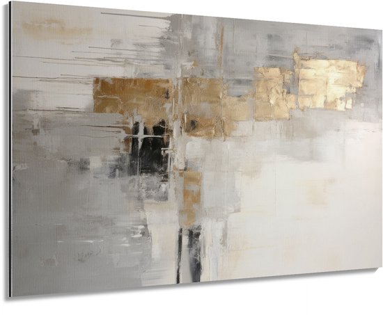 Abstract schilderij met gouden, grijze en zwarte accenten op aluminium dibond, geïnstalleerd in een woonkamer.