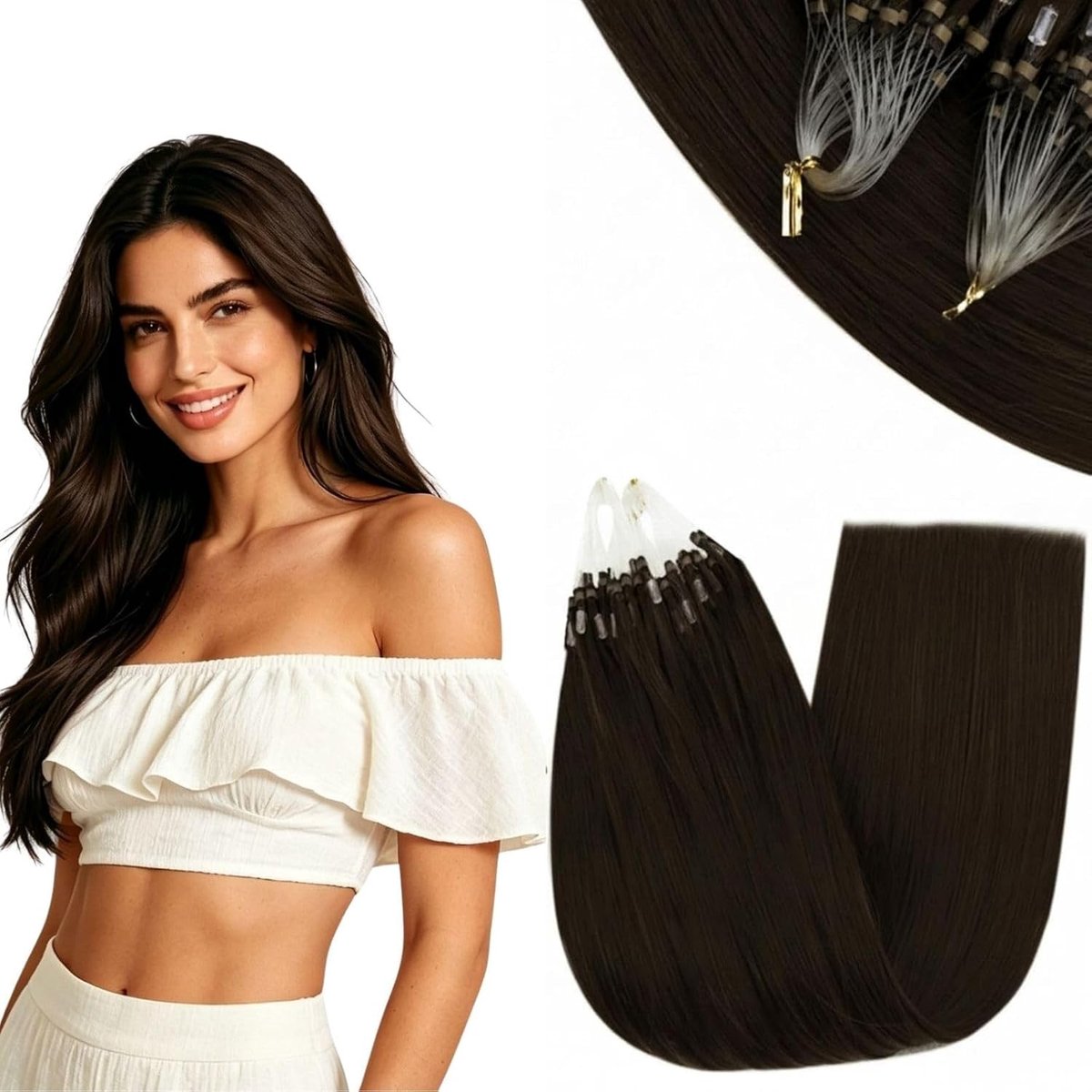 Micro Ring Haarextensions van Menselijk Haar - Donkerbruin, 12 Inch, 50 Strengen, Natuurlijk Uiterlijk, Gemakkelijk te Bevestigen