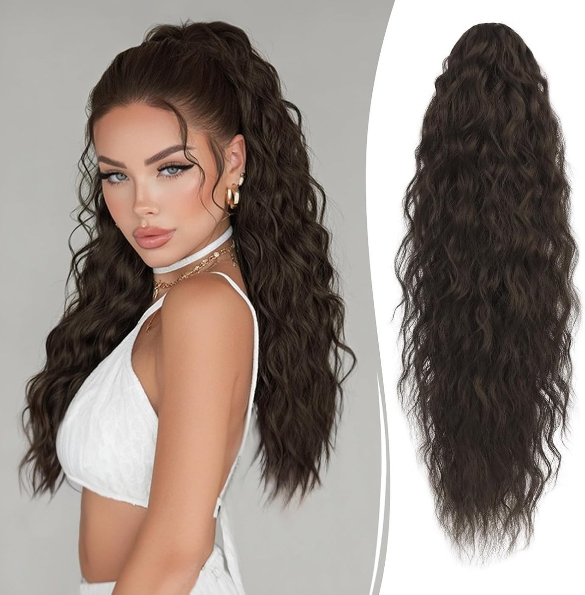 Langgolvend Krullend Haarstuk met Klem - 65 cm Synthetische Haarextensions voor Vrouwen, Zwart, Clip-in Ponytail en Vlecht Accessoire