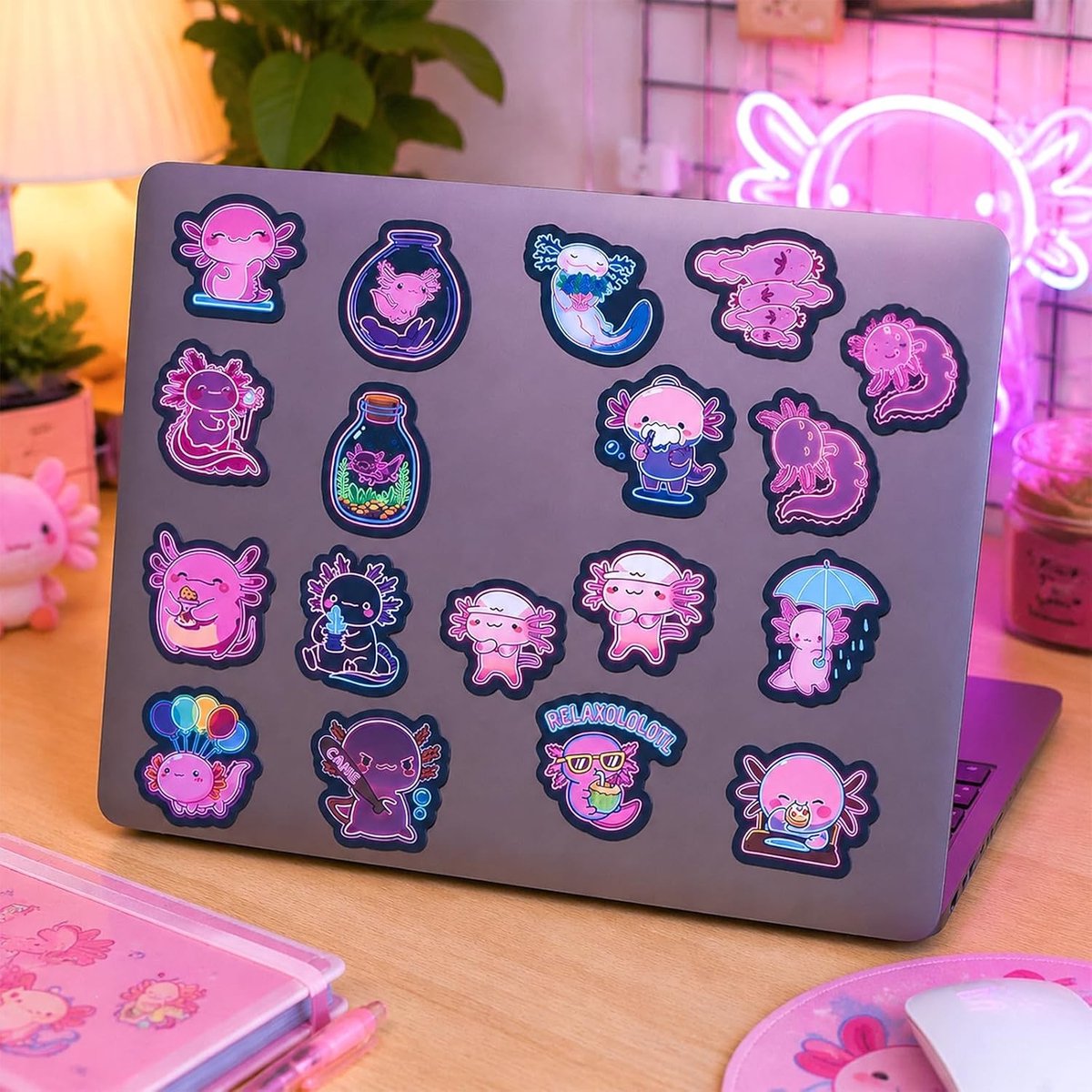 Neon Axolotl Stickers Set van 120 Stuks, Waterdichte Dierenstickers voor Laptop, Waterfles en Skateboard, Perfect voor Jongeren en Volwassenen