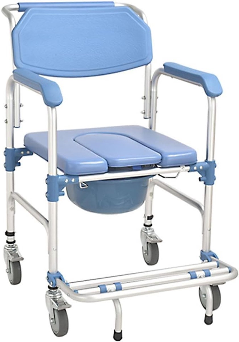 Verstelbare toiletstoel met wielen voor ouderen, douchestoel met toiletfunctie, geschikt voor gehandicapten tot 150 kg, met armleuningen en rugleuning