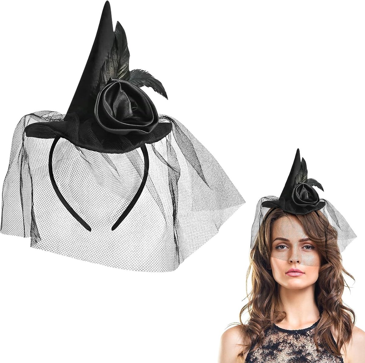 Zwarte Haarband voor Halloween met Heksenkap, Veil en Veren - Perfecte Accessoire voor Kostuums en Feestjes