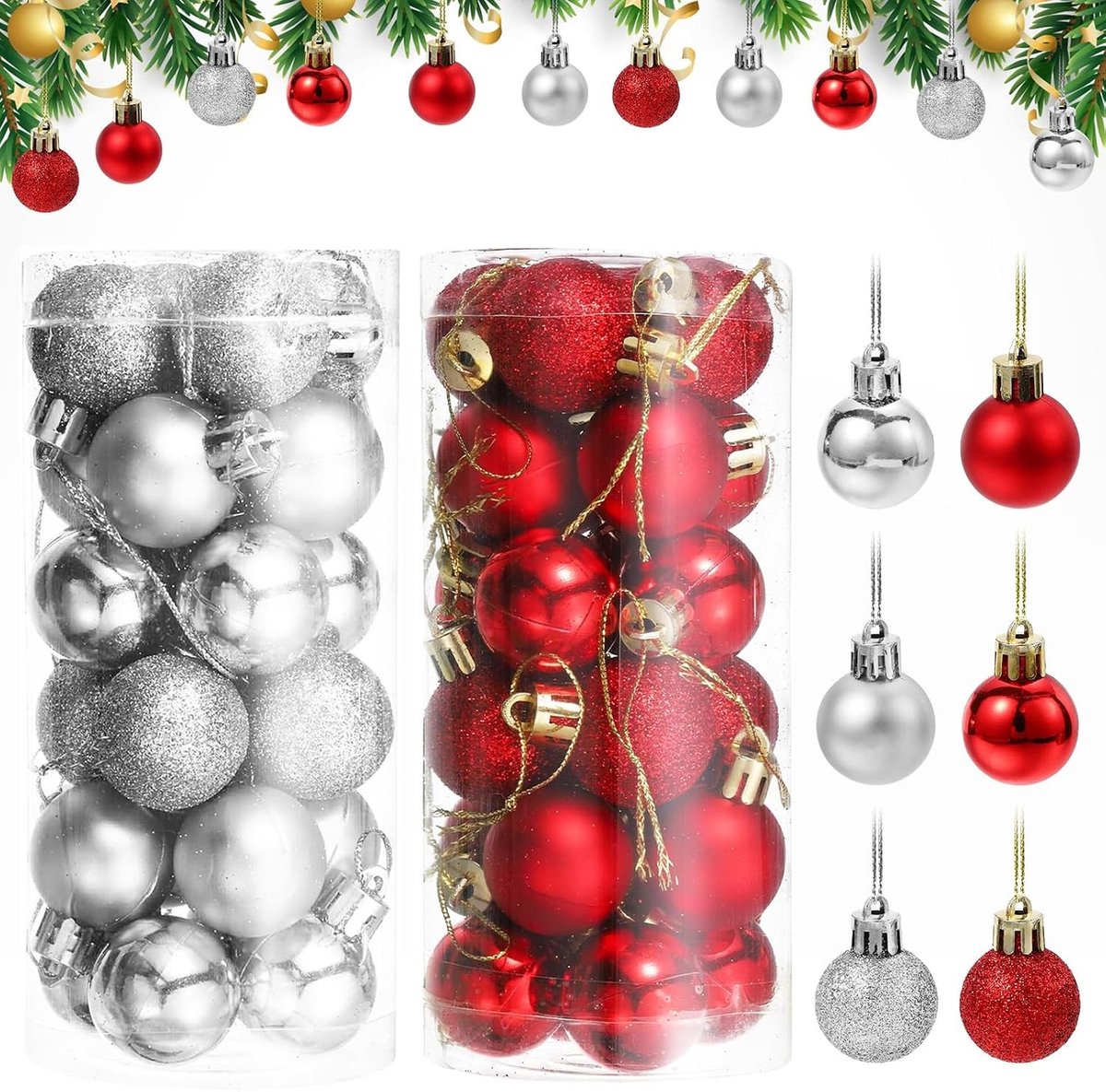 48 Stuks Kerstballen voor Boomdecoratie in Zilver en Rood, 30mm, Mat en Glanzend, Schitterend en Schokbestendig voor Feestdagen en Partijen