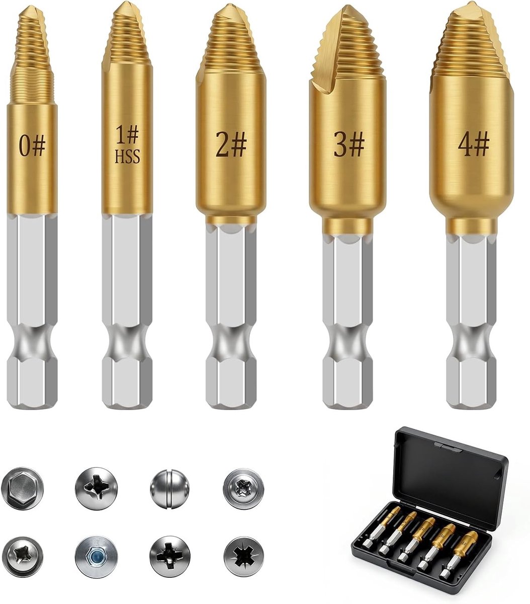 Set van 5 Schroevendraaiers, 4-14 mm, Linksdraaiend met 1/4 Inch Hex Shank, Titanium Coating voor Beschadigde Schroeven en Accuschroevendraaiers