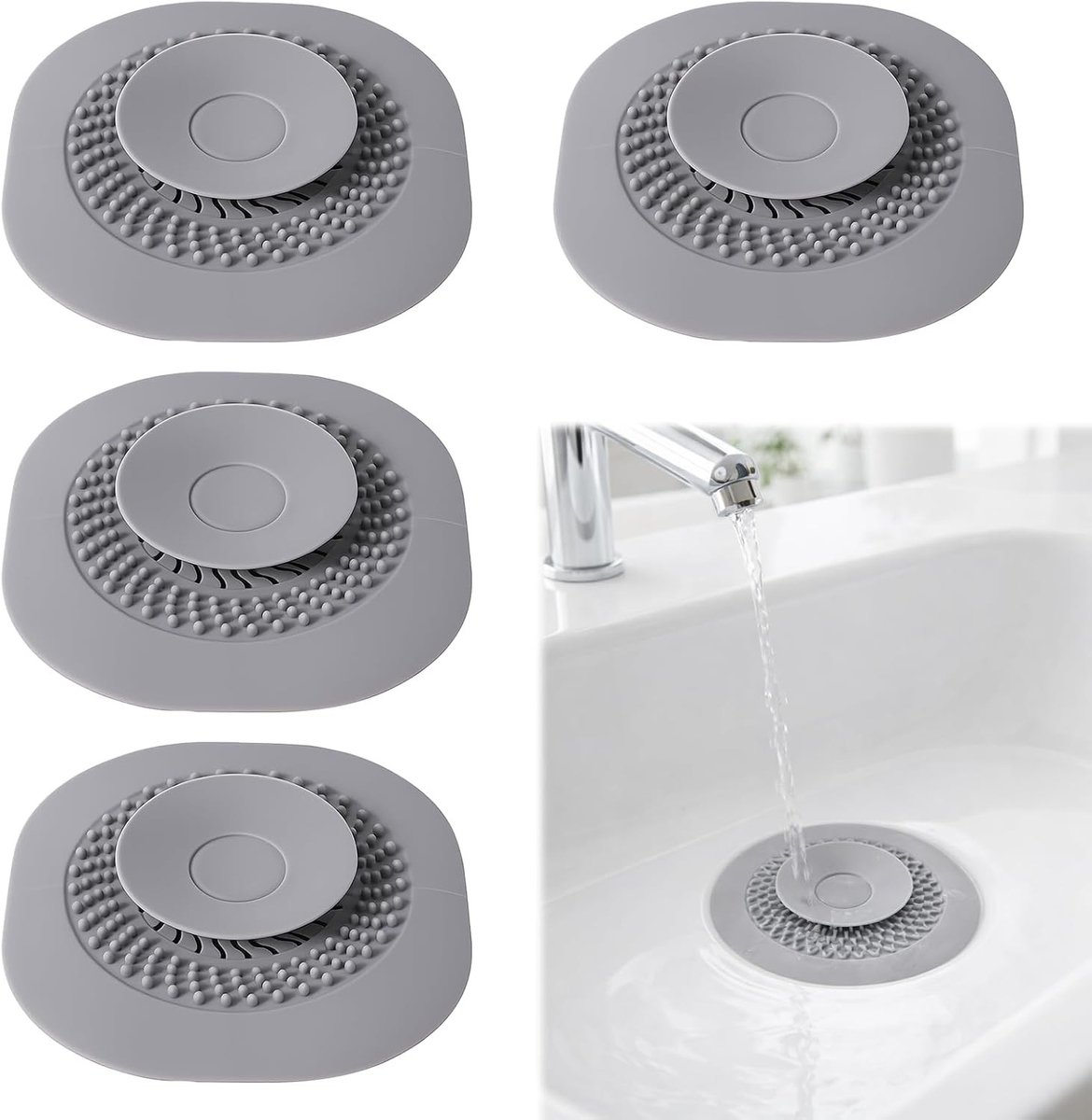 Set van 4 hoogwaardige afvoerstopjes van siliconen voor bad en wastafel, met geursluiting en haarzeef, Ø 10,2 cm, discreet grijs en eenvoudig te reinigen