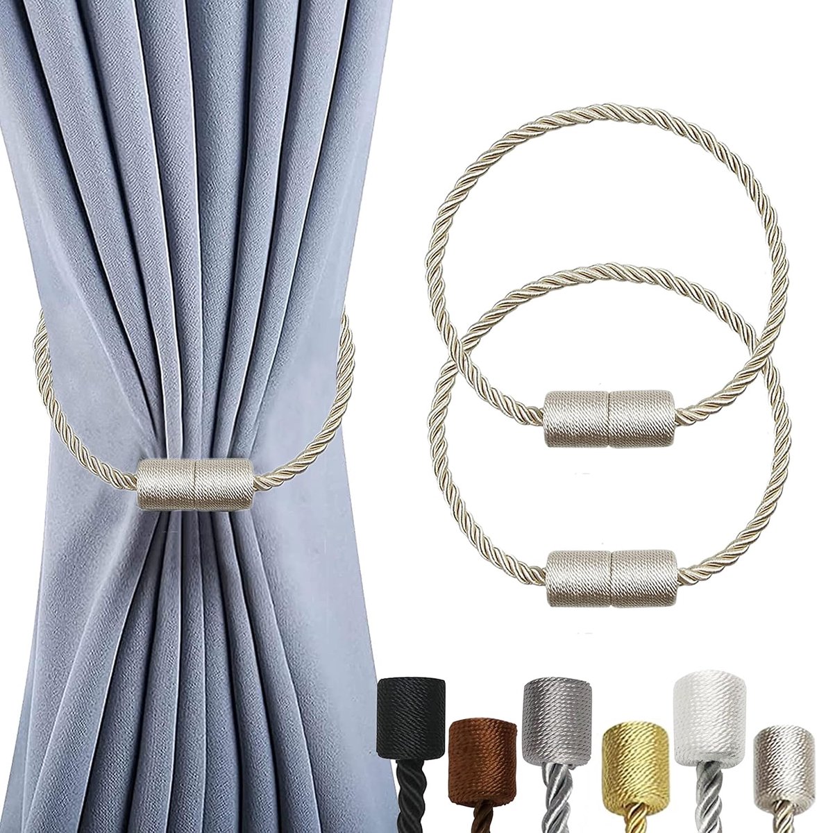 gordijnkraaghouders 2-delige set - dikkere twisttouw - sterke magneetrug - eenvoudig te bevestigen - ShopVlot