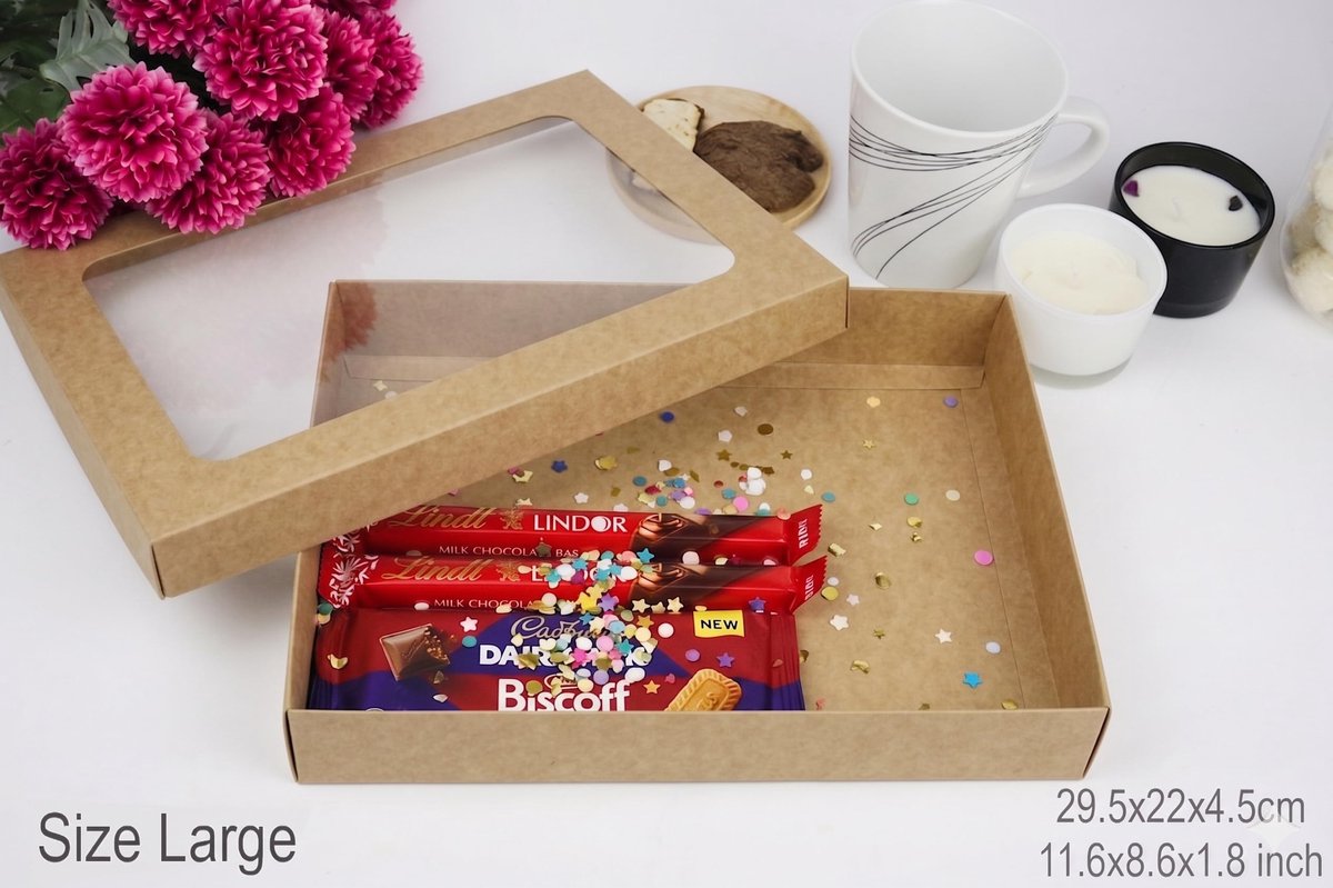 Geschenkdozen groot 29,5x22x4,5 cm - bruine kleur - met helder venster - ideaal voor cadeauverpakking - ShopVlot