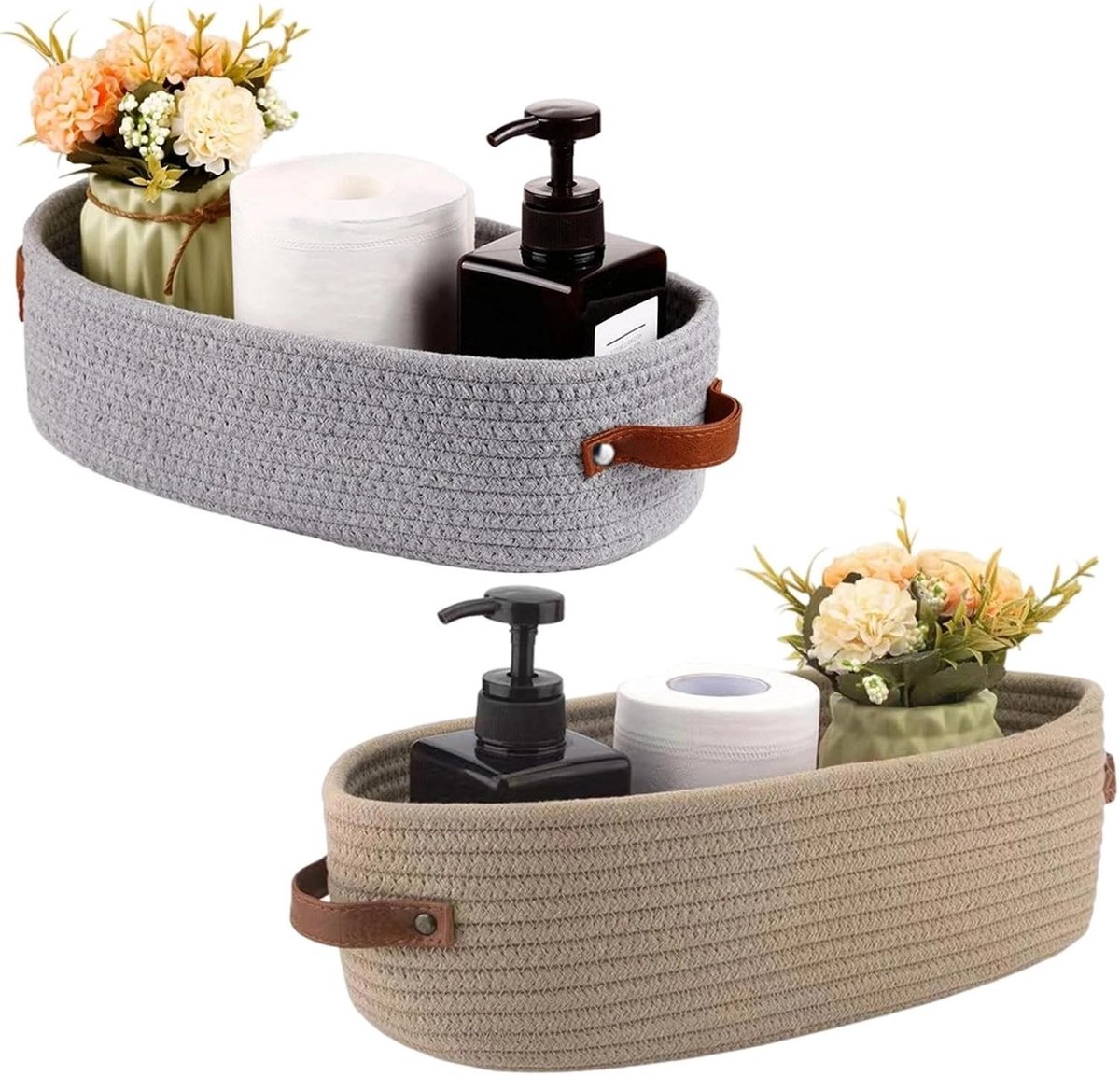 Set van 2 gevlochten opbergmanden van katoenen touw, 28 x 10 x 10 cm, met lederen handvat, multifunctionele manden voor badkamer, slaapkamer en keuken, stijlvolle opbergoplossing in grijs en kaki