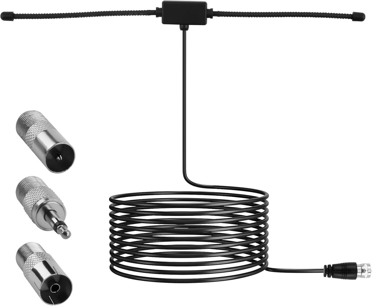 DAB Radio Antenne met 75 Ohm Dipole, F Type Plug, 3 Interface Adapters en 3m Ontvangstkabel voor Stereo- en Home Cinema Systemen
